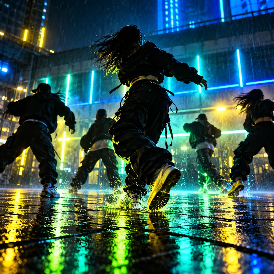Dancer moving through a blue-lit space