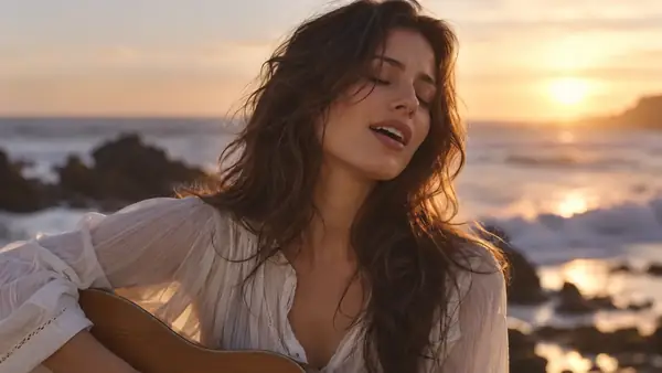 Eine Sängerin in einer weißen Bluse am Meer, sanft beleuchtet in einer intimen Nahaufnahme für ein Musikvideo.