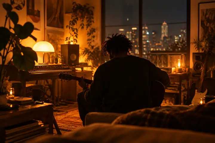 Die Silhouette einer musizierenden Person in einem warm bernsteinfarben beleuchteten Raum bei Nacht.