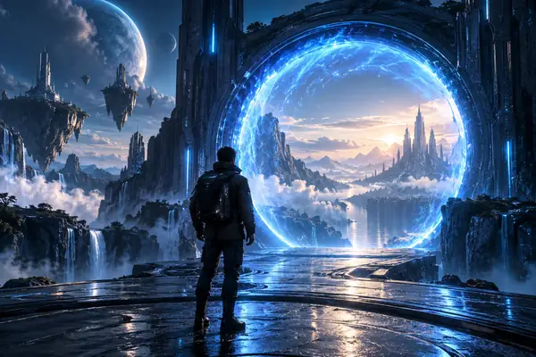 Ein leuchtend blaues Portal öffnet sich in einer stimmungsvollen Science-Fiction-Szene.