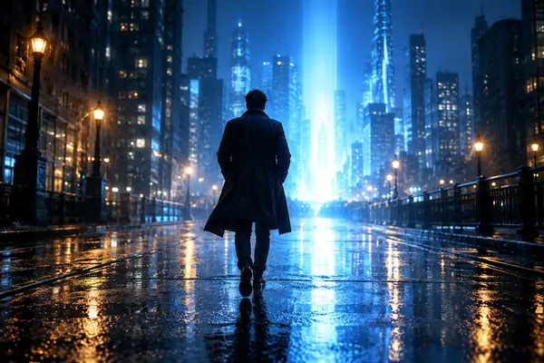 Eine einsame Gestalt geht auf einer regennassen Straße auf ein helles blaues Licht zu.