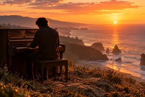 Eine Person spielt bei Sonnenuntergang auf einem Klavier oberhalb der Küste.