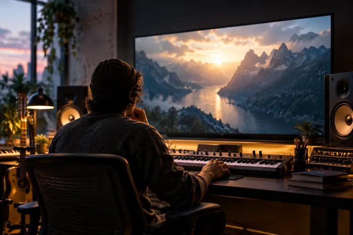 Ein Musikschaffender sichtet filmische Videobilder in einem sanft beleuchteten modernen Studio.