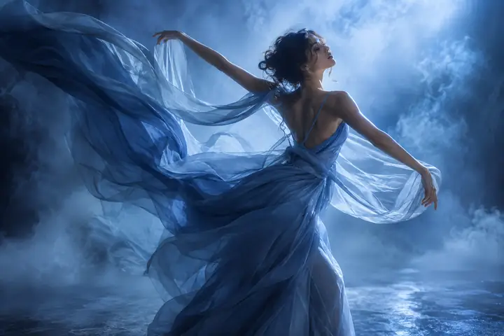 Eine Tänzerin mit fließendem Stoff, die in einem nebligen blauen Studio auftritt, anmutig und atmosphärisch.