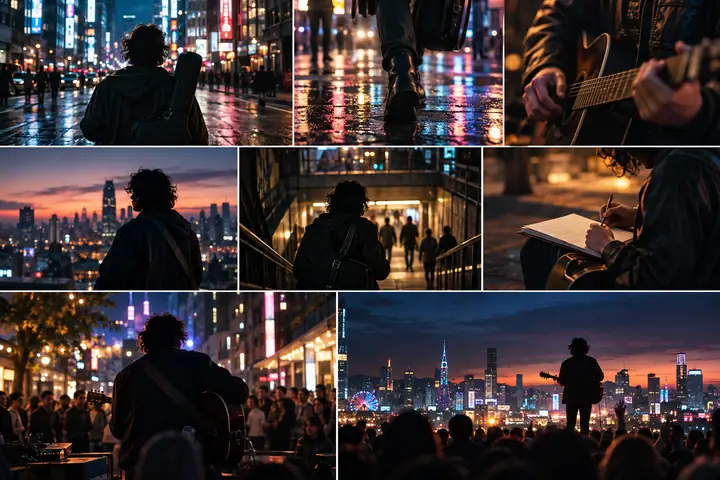 Der filmische Blick einer Regieperson auf einen Musiker in einer neonbeleuchteten Stadtstraße, mit mehreren Aufnahmen als visuelles Storyboard angeordnet.
