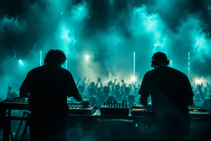 Elektronische Musiker treten unter türkisfarbenem Licht und in Theaternebel auf.