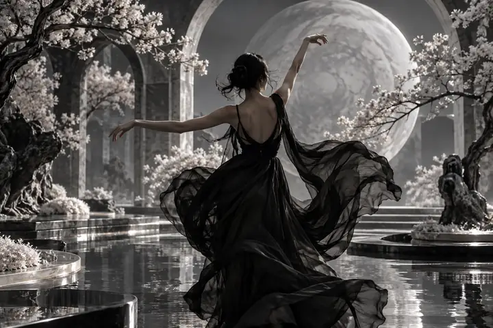 Eine tanzende Person in einem fließenden schwarzen Kleid in einem surrealen monochromen Garten.