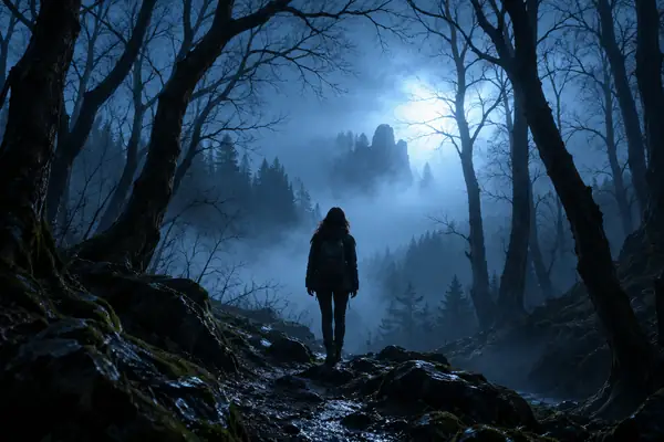 Eine einsame Gestalt in einem nebligen Wald, eingerahmt von kahlen Bäumen und blauem Licht.