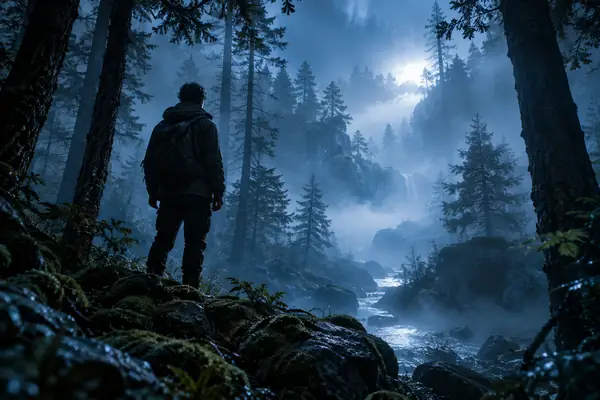 Eine geheimnisvolle Person steht zwischen Bäumen in einem nebligen blauen Wald.