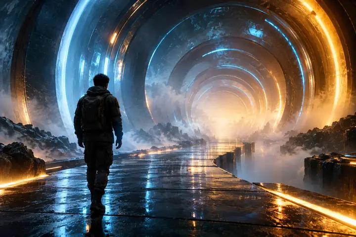 Ein filmischer futuristischer Tunnel aus blauem und bernsteinfarbenem Licht, das im Nebel verblasst.