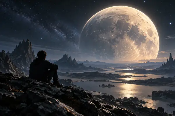 Ein gewaltiger Mond über einer stillen, fremdartigen Landschaft bei Nacht.