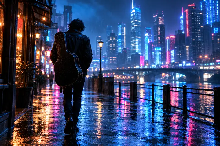 Ein einzelner Musiker in einer nachts von Regen durchnässten Neonstadt, filmisches blaues Licht und spiegelnde Straßen.
