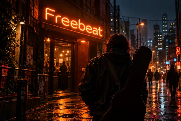 Eine musizierende Person unter einem orangefarbenen Neonschild auf einer dunklen, filmisch inszenierten Straße.