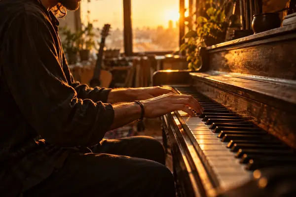 Eine musizierende Person spielt auf einem alten Klavier im warmen Licht des späten Nachmittags, Nahaufnahme der Hände.