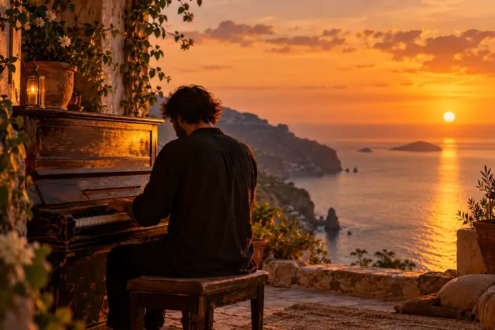 Ein Musiker, der bei goldenem Sonnenuntergang an einem alten Klavier mit Blick auf das Meer spielt, intim und ruhig.