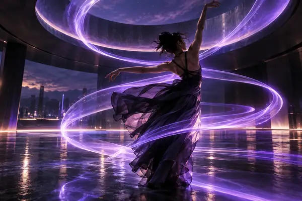 Eine ausdrucksstark tanzende Person, umgeben von violetten Lichtbändern in einem futuristischen Aufführungsraum.
