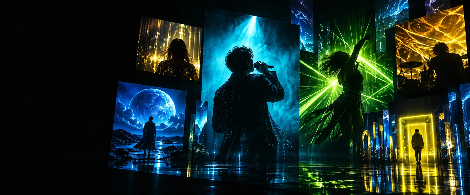 Creative music video scene with a performer and animated light