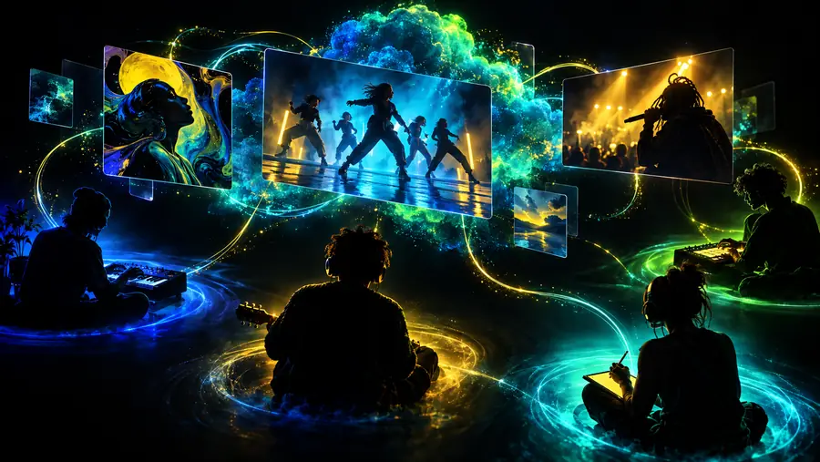 Abstract music workspace with glowing blue and yellow visual elements